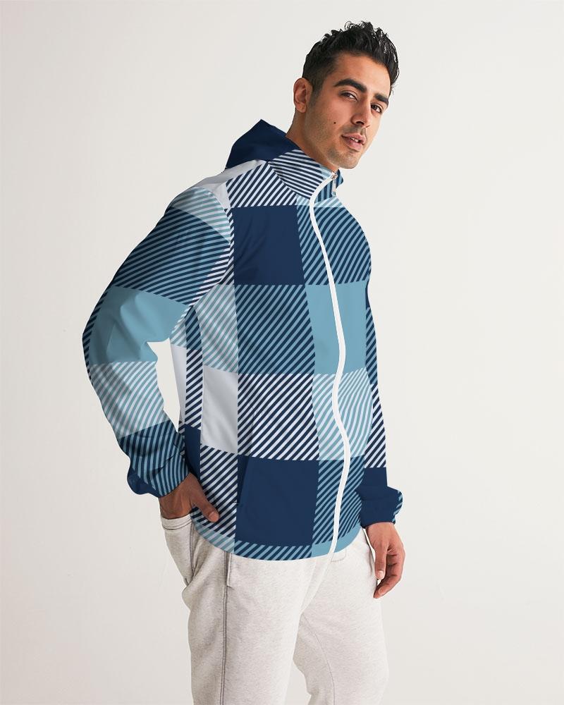 Mens Hooded Windbreaker - Tartan Plaid Blue Water Resistant Jacket