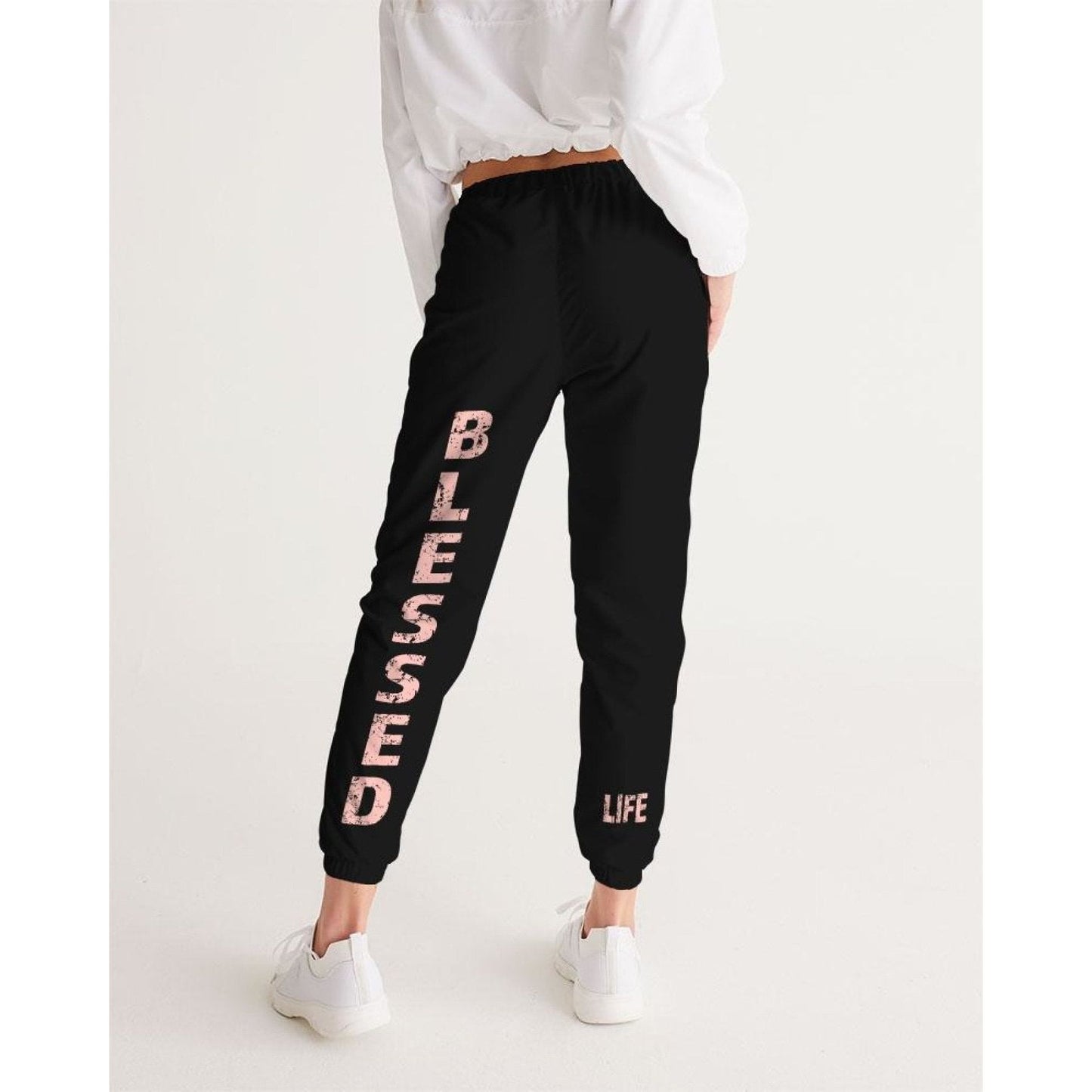 Womens Track Pants - Black & Peach Blessed Graphic Sports Pants