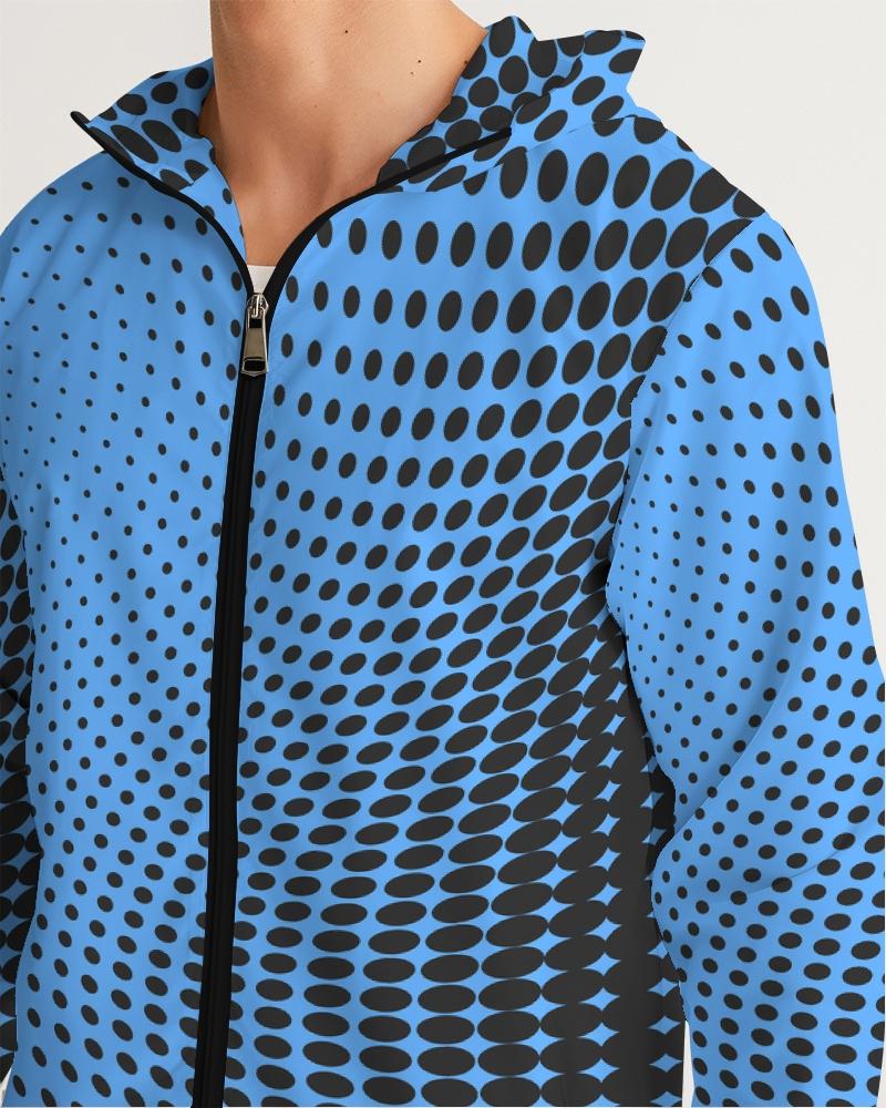 Mens Hooded Windbreaker - Blue Polka Dot Water Resistant Jacket -