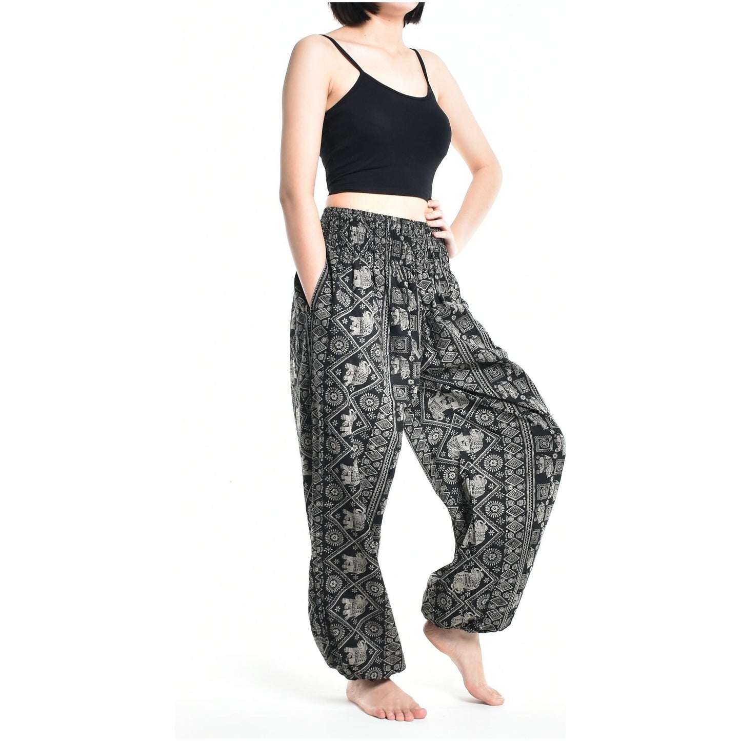 Bohotusk Womens Autumn Black Elephant Print Cotton Harem Pants S/M to