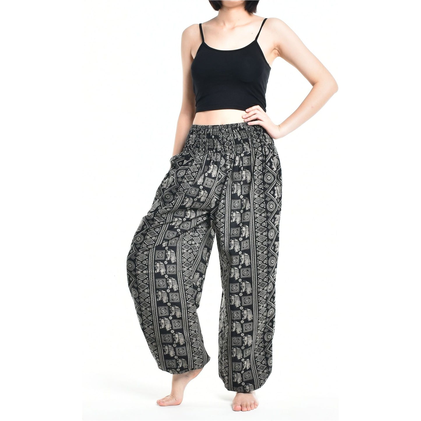 Bohotusk Womens Autumn Black Elephant Print Cotton Harem Pants S/M to