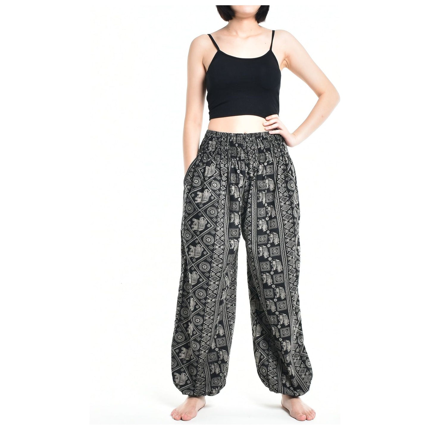 Bohotusk Womens Autumn Black Elephant Print Cotton Harem Pants S/M to