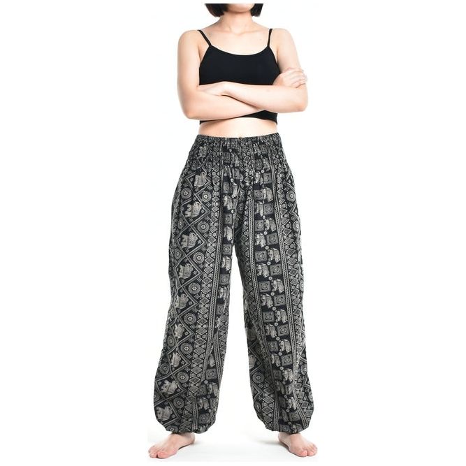 Bohotusk Womens Autumn Black Elephant Print Cotton Harem Pants S/M to