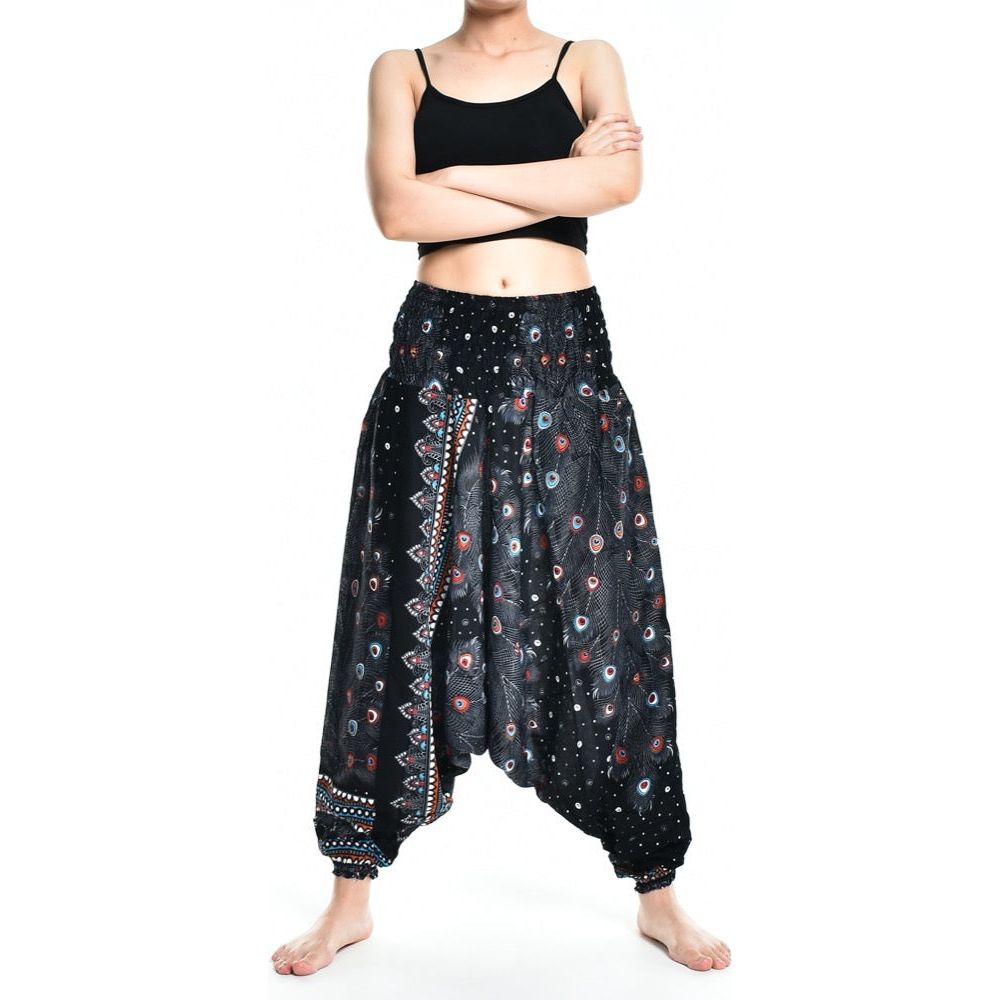 Bohotusk Teal Green Peacock Print Low Crotch Harem Pants Womens