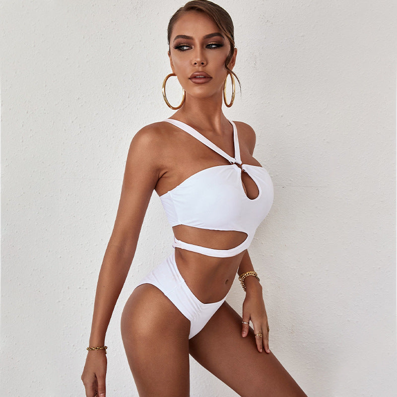 Women's summer new one piece swimsuit solid color hollow backless swim - Sportkyu