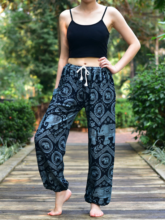 Bohotusk Black Elephant Tusker Print Womens Harem Pants Tie Waist S/M