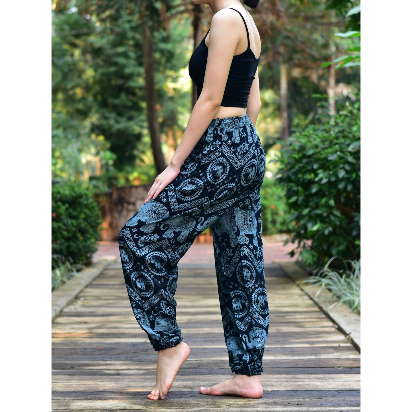 Bohotusk zwarte olifant Tusker print Womens harembroek stropdas taille S/M