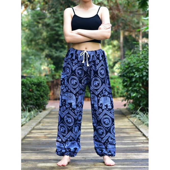 Bohotusk Blue Elephant Tusker Print Womens Harem Pants Tie Waist S/M