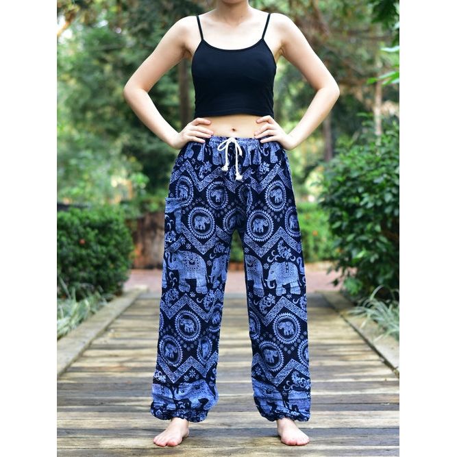 Bohotusk Blue Elephant Tusker Print Womens Harem Pants Tie Waist S/M