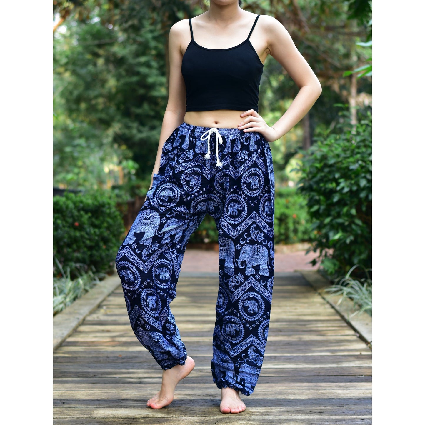 Bohotusk Blue Elephant Tusker Print Womens Harem Pants Tie Waist S/M