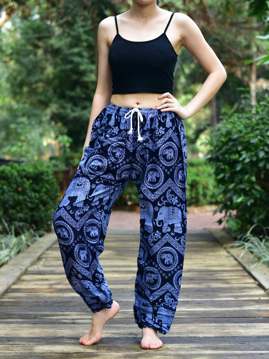 Bohotusk Blue Elephant Tusker Print Womens Harem Pants Tie Waist S/M