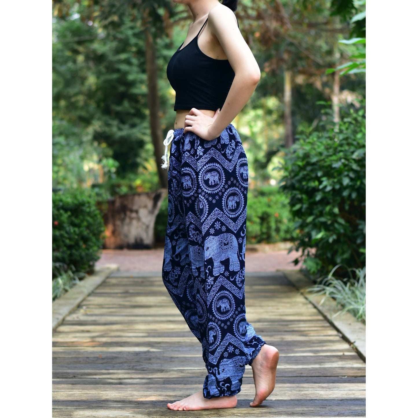 Bohotusk Blue Elephant Tusker Print Womens Harem Pants Tie Waist S/M