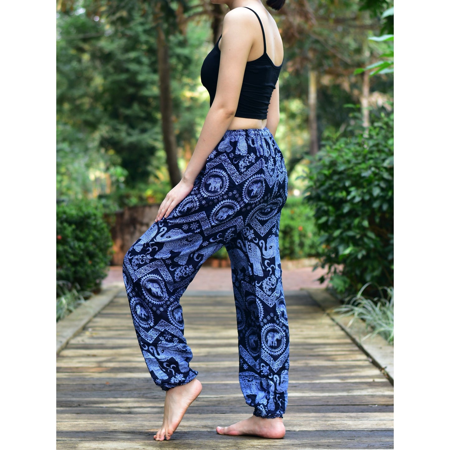 Bohotusk Blue Elephant Tusker Print Womens Harem Pants Tie Waist S/M