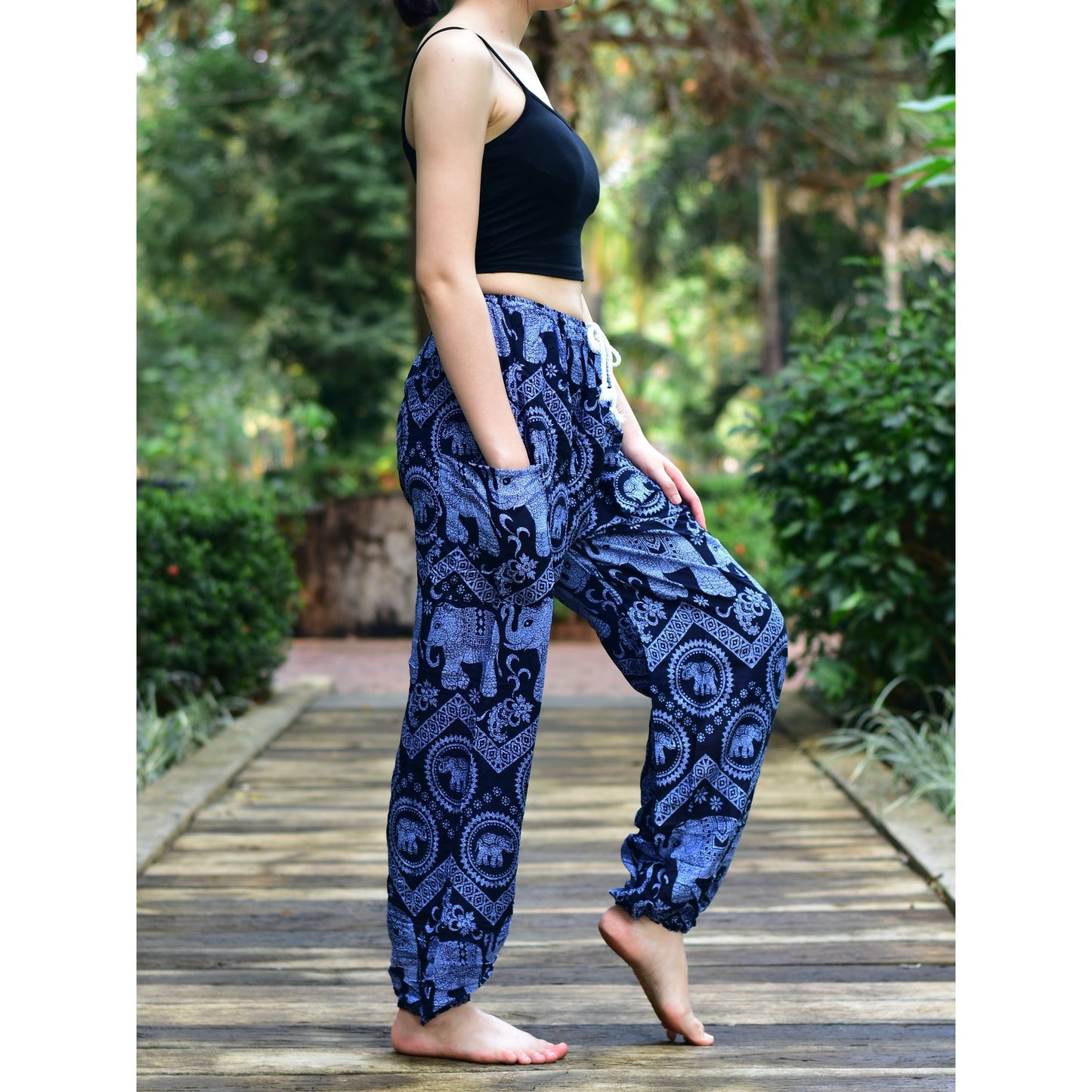 Bohotusk Blue Elephant Tusker Print Womens Harem Pants Tie Waist S/M