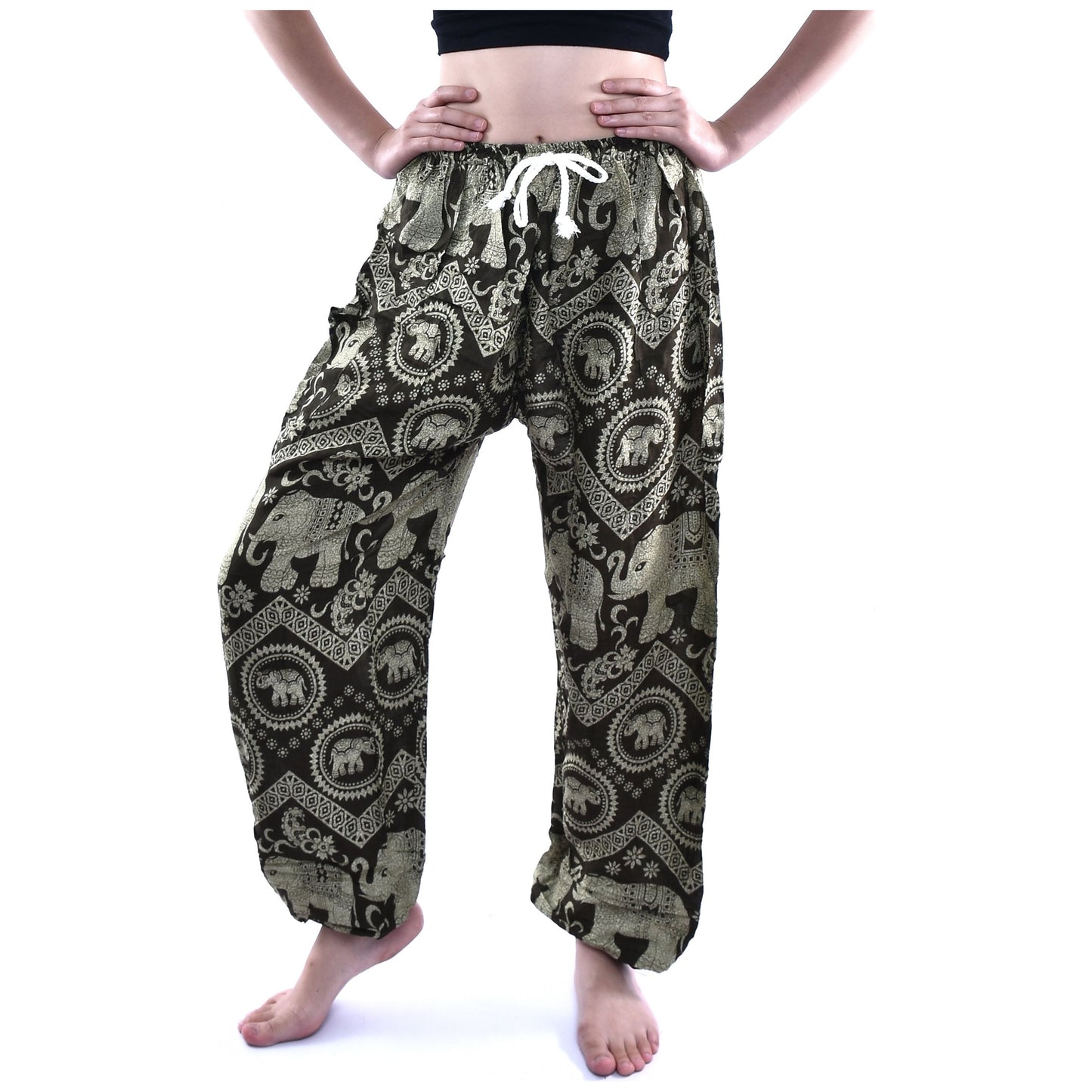 Bohotusk Olive Green Elephant Tusker Print Womens Harem Pants Tie