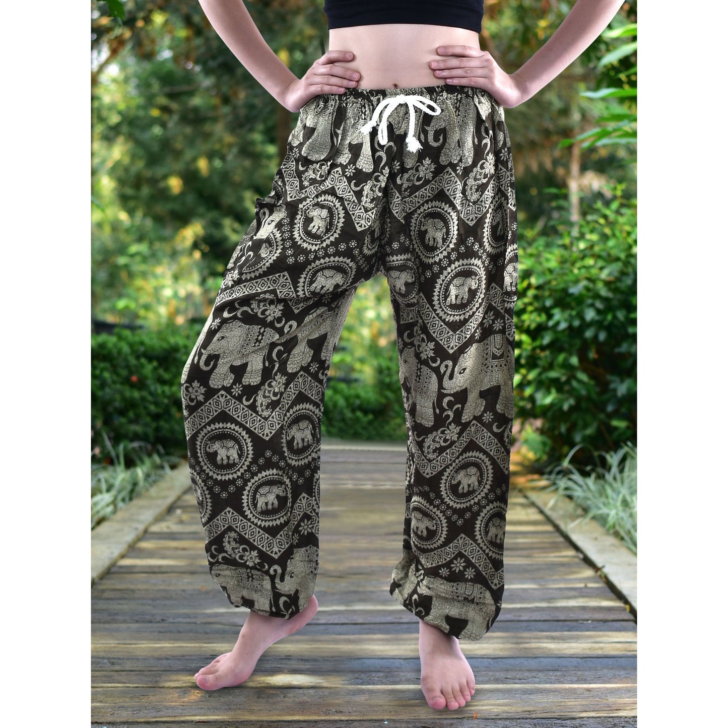 Bohotusk Olive Green Elephant Tusker Print Womens Harem Pants Tie