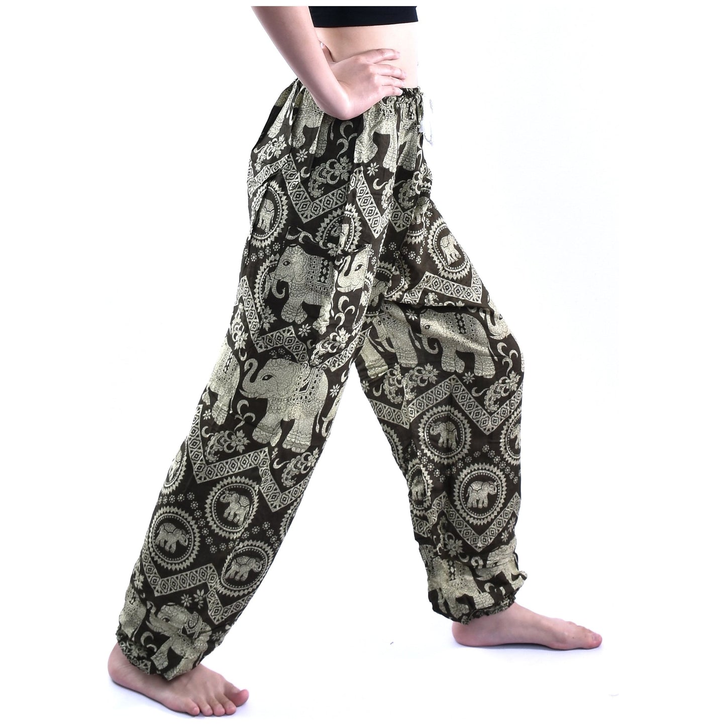 Bohotusk Olive Green Elephant Tusker Print Womens Harem Pants Tie