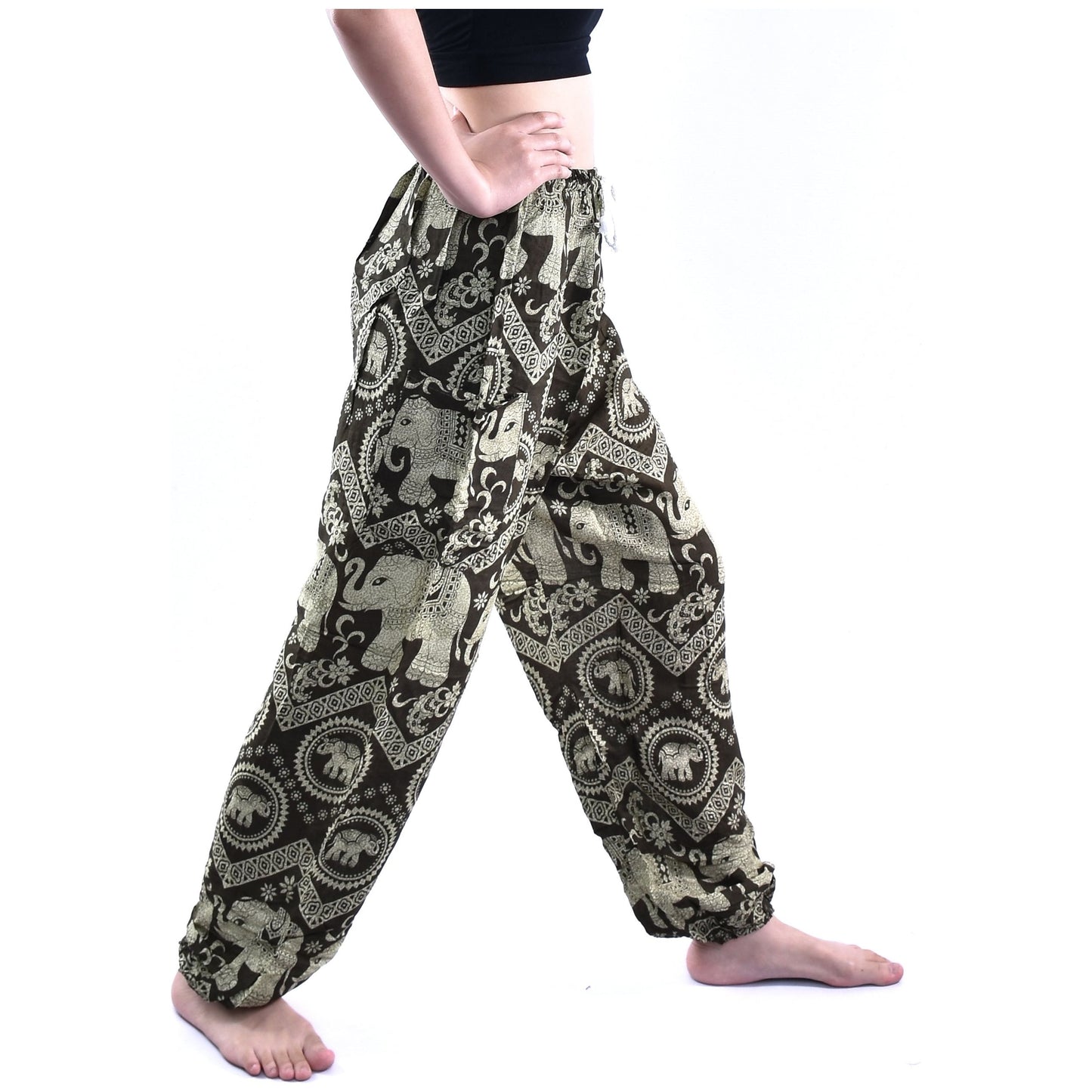 Bohotusk Olive Green Elephant Tusker Print Womens Harem Pants Tie