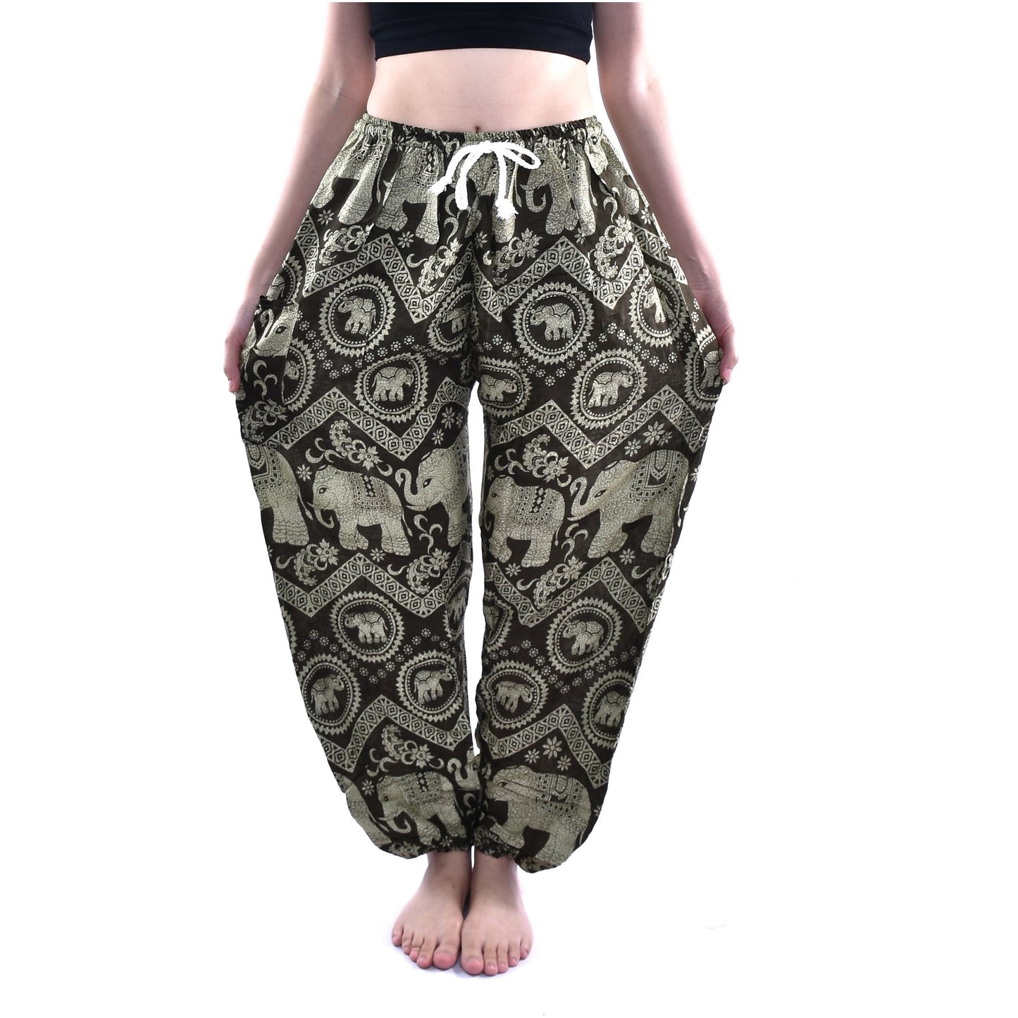 Bohotusk Olive Green Elephant Tusker Print Womens Harem Pants Tie