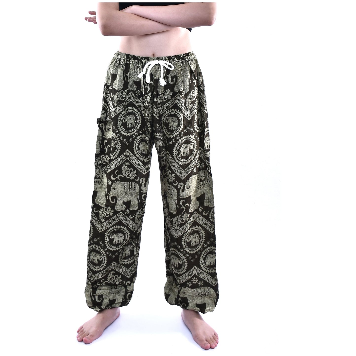 Bohotusk Olive Green Elephant Tusker Print Womens Harem Pants Tie