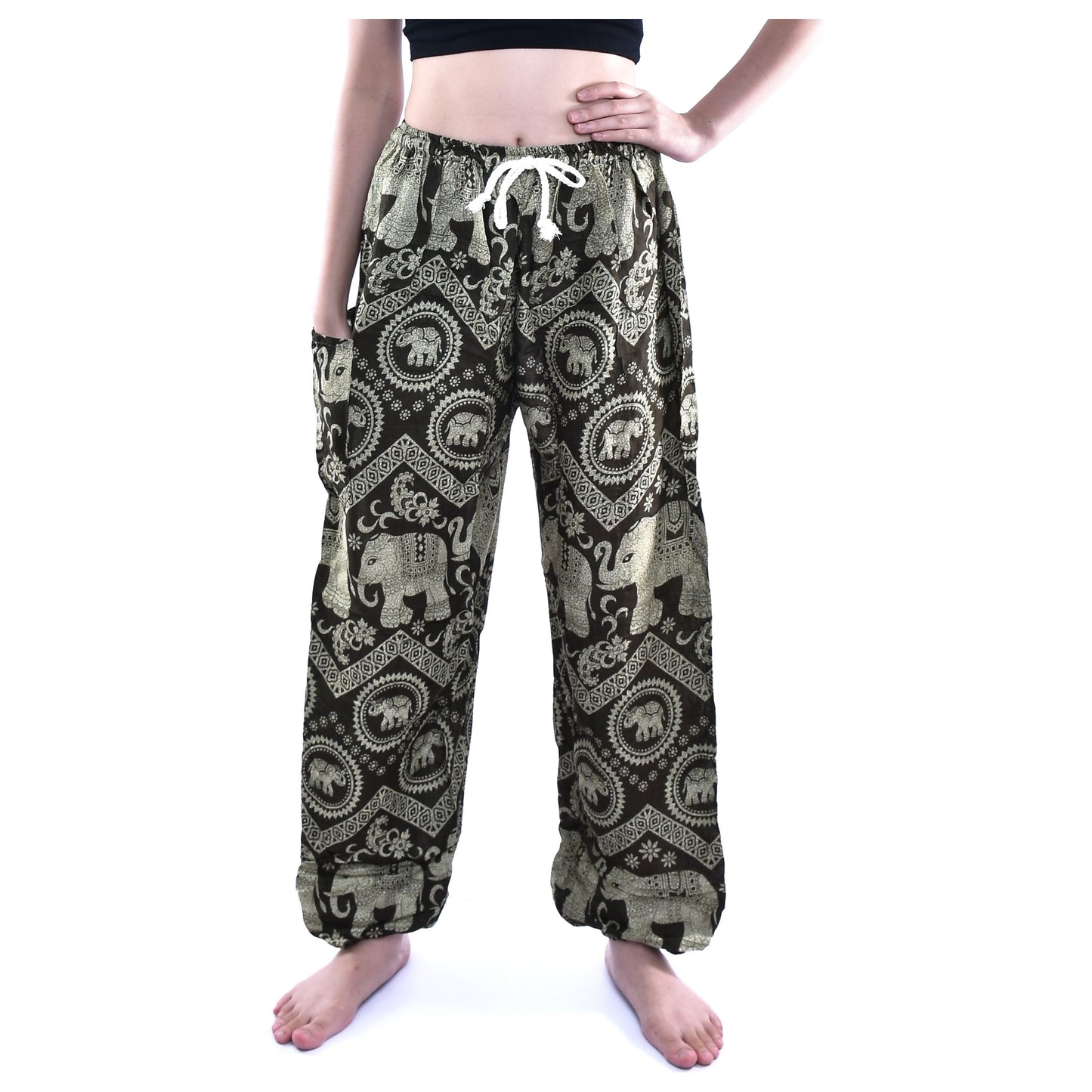 Bohotusk Olive Green Elephant Tusker Print Womens Harem Pants Tie