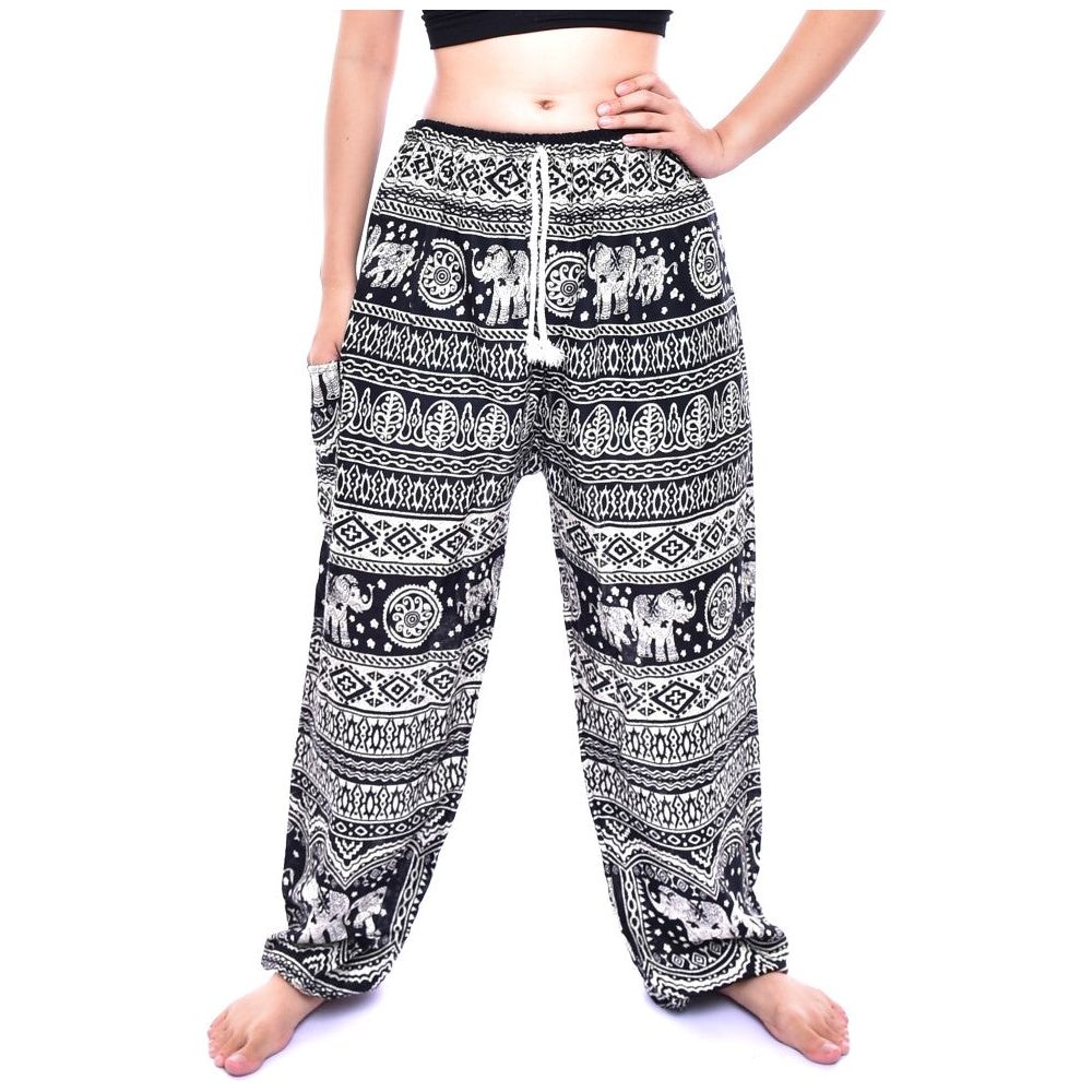 Bohotusk zwarte olifant kalf print Womens harembroek stropdas taille S/M tot 