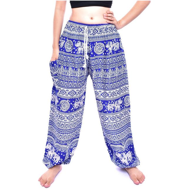 Bohotusk Blue Elephant Calf Print Womens Harem Trousers Tie Waist S/M