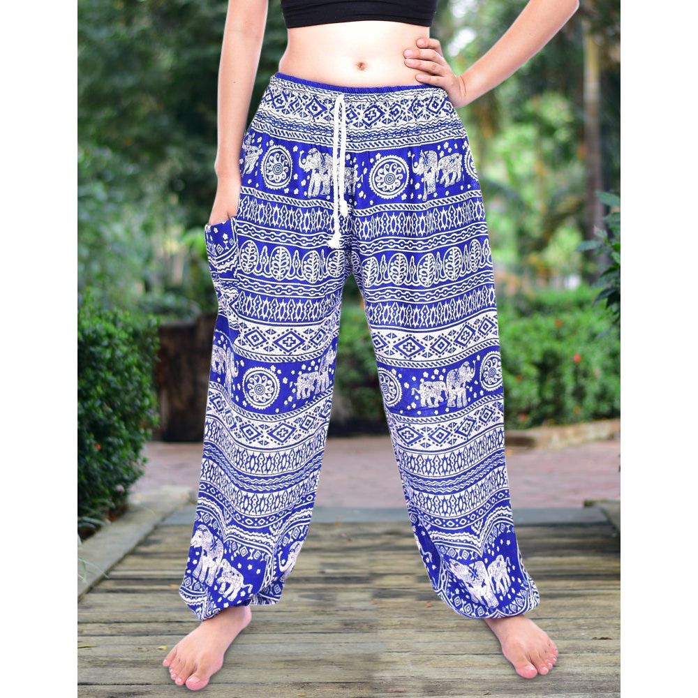 Bohotusk Blue Elephant Calf Print Womens Harem Trousers Tie Waist S/M