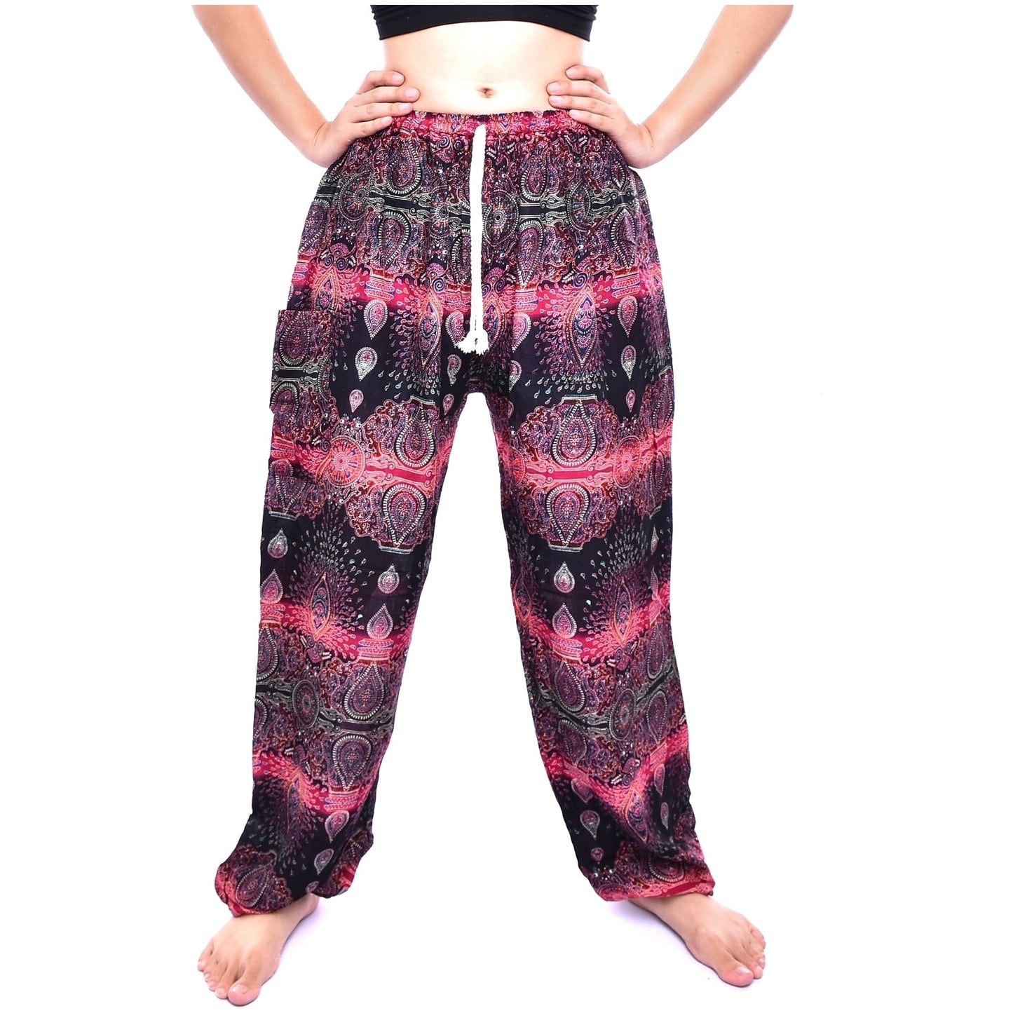 Bohotusk Pink Teardrop Print Womens Harem Pants Tie Waist S/M