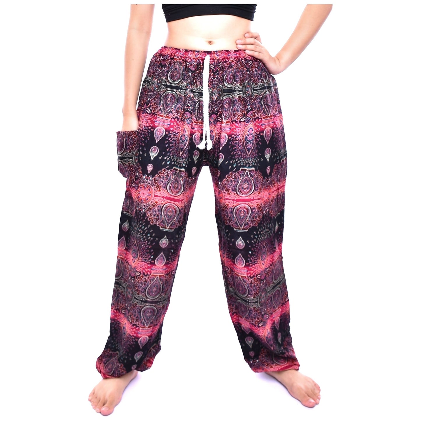 Bohotusk Pink Teardrop Print Womens Harem Pants Tie Waist S/M