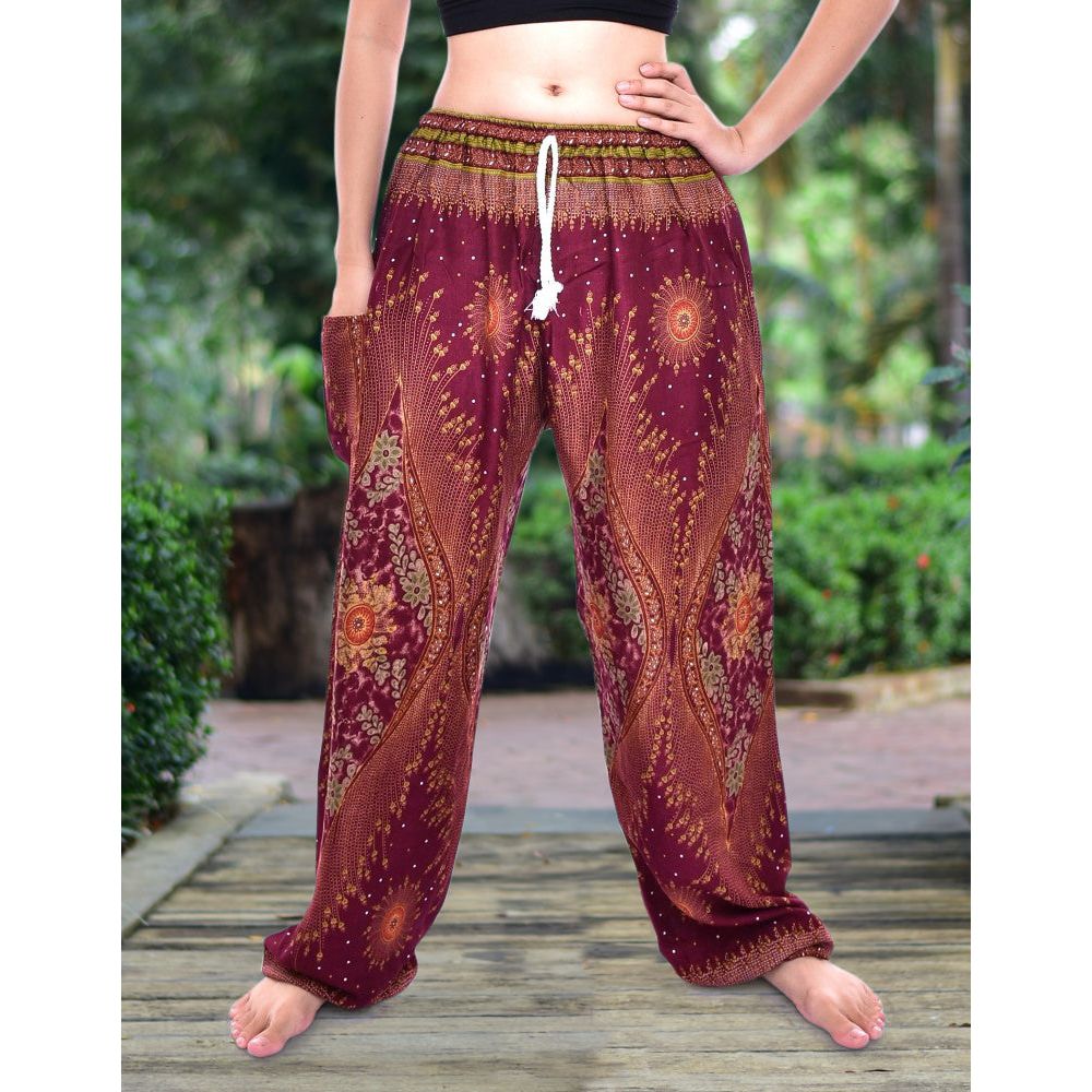 Bohotusk Maroon Moonshine Print Womens Harem Pants Tie Waist S/M to