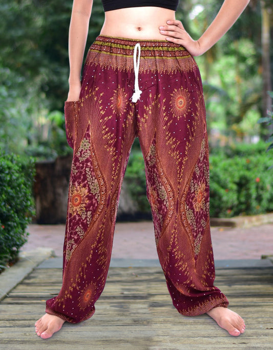 Bohotusk Maroon Moonshine Print Womens Harem Pants Tie Waist S/M to