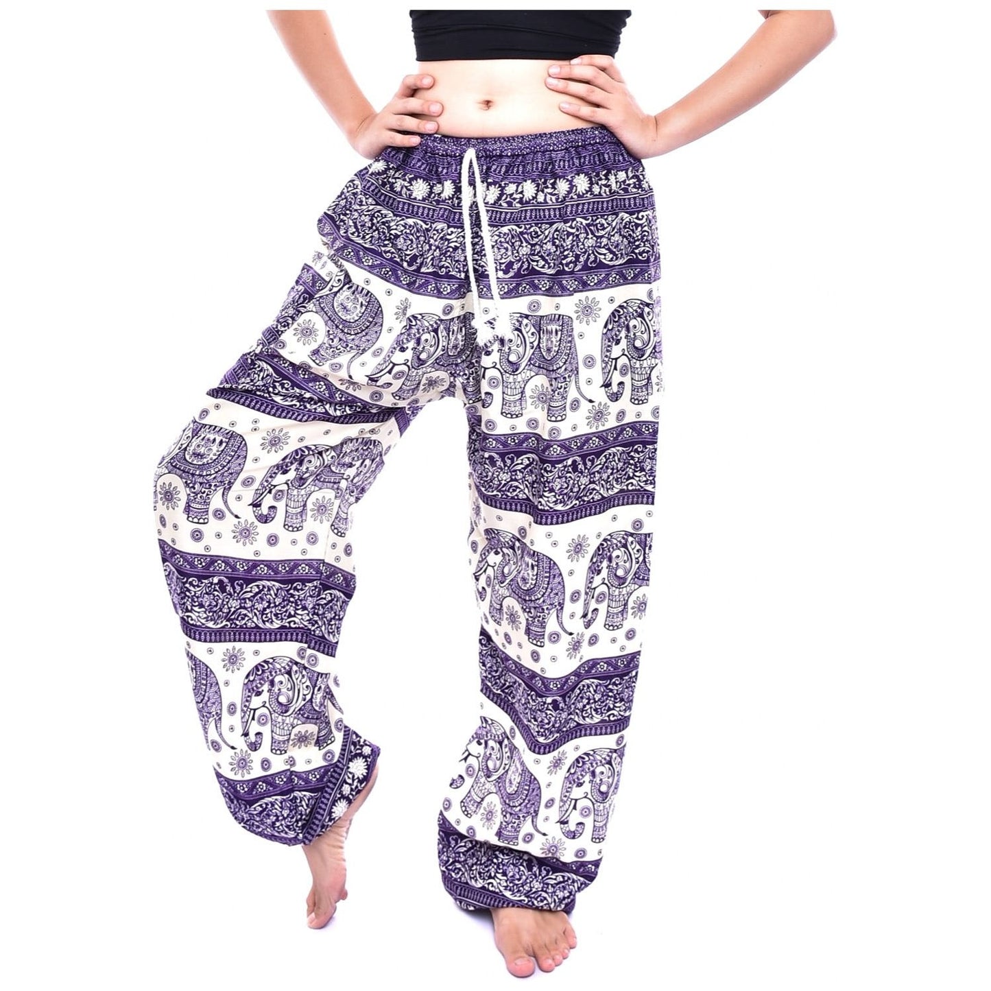 Bohotusk Purple Elephant Herd Print Womens Harem Pants Cord Tie Waist