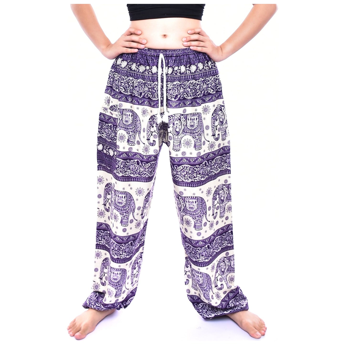 Bohotusk Purple Elephant Herd Print Womens Harem Pants Cord Tie Waist