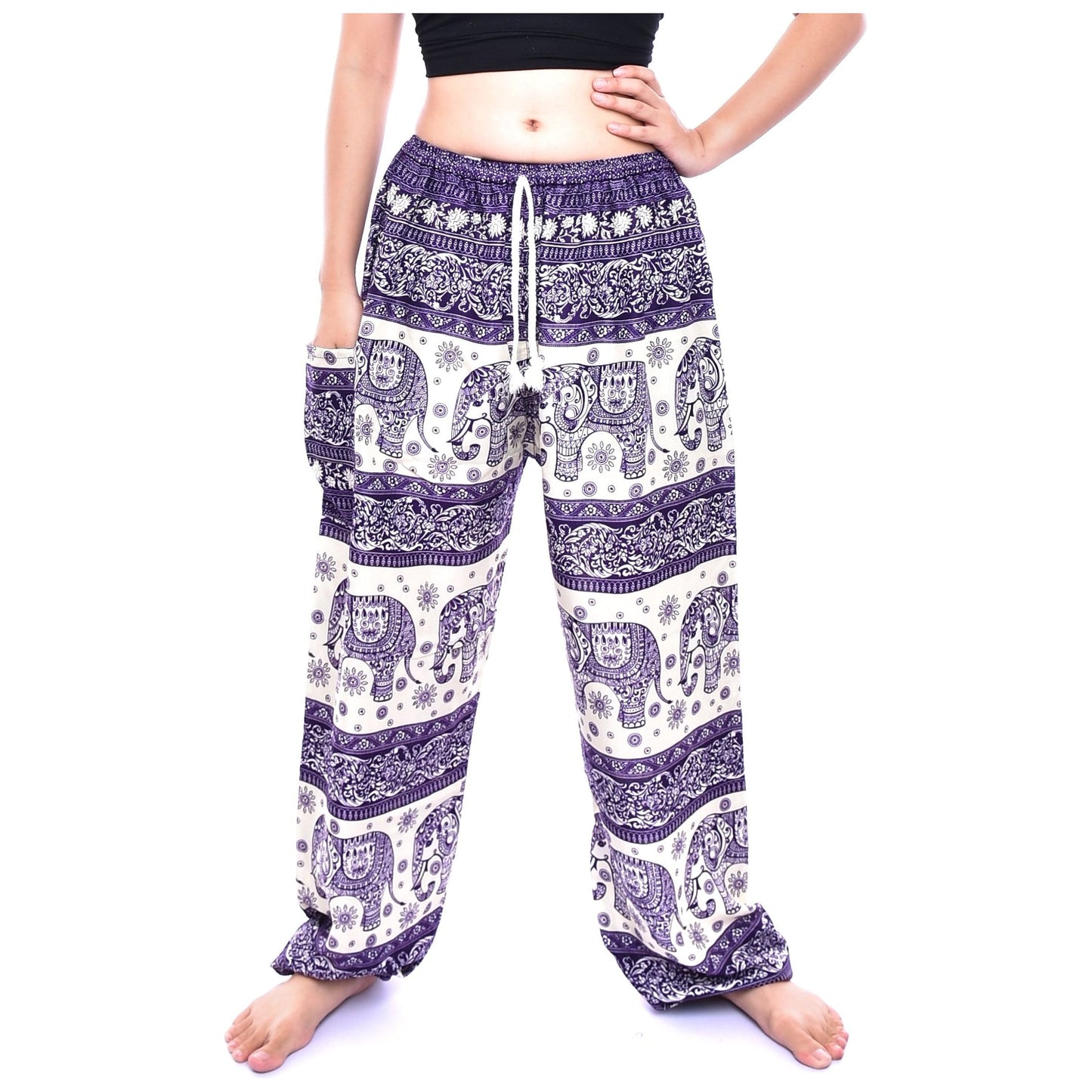 Bohotusk Purple Elephant Herd Print Womens Harem Pants Cord Tie Waist