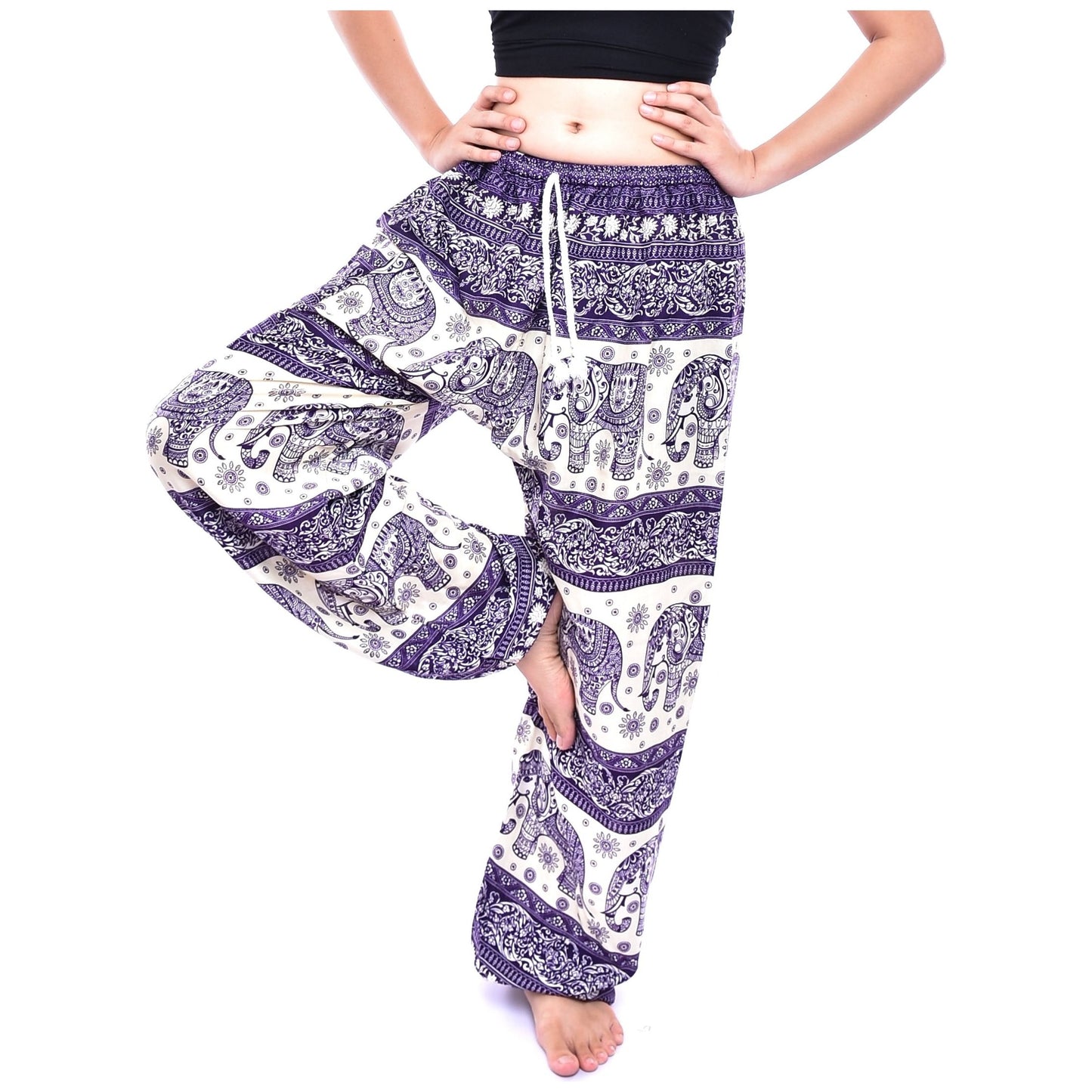 Bohotusk Purple Elephant Herd Print Womens Harem Pants Cord Tie Waist