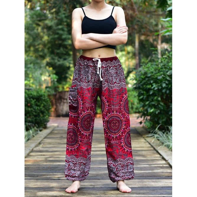 Bohotusk Red Sun Beam Print Womens Harem Pants Tie Waist S/M to 3xl