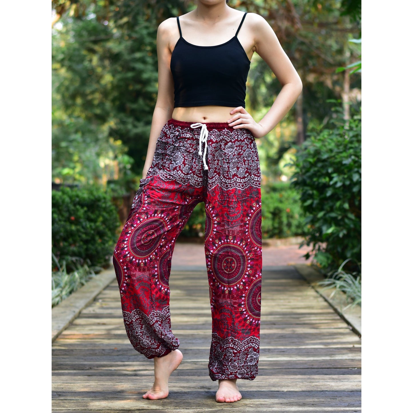 Bohotusk Red Sun Beam Print Womens Harem Pants Tie Waist S/M to 3xl