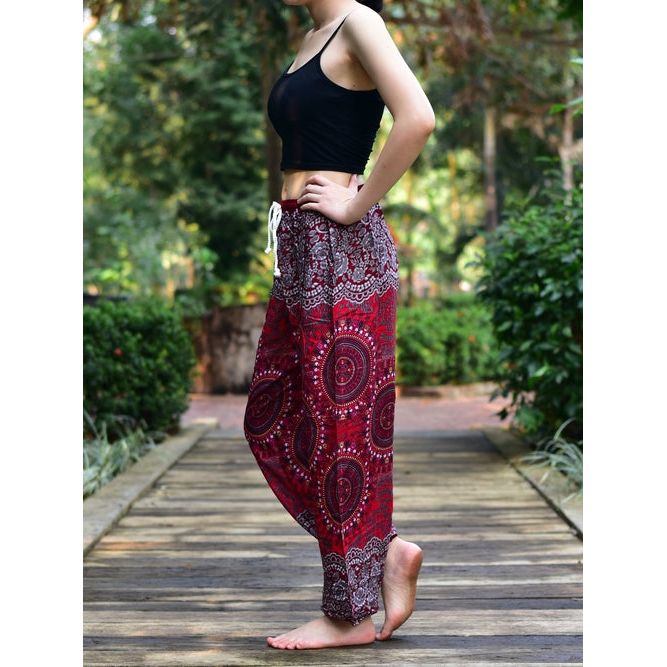 Bohotusk Red Sun Beam Print Womens Harem Pants Tie Waist S/M to 3xl