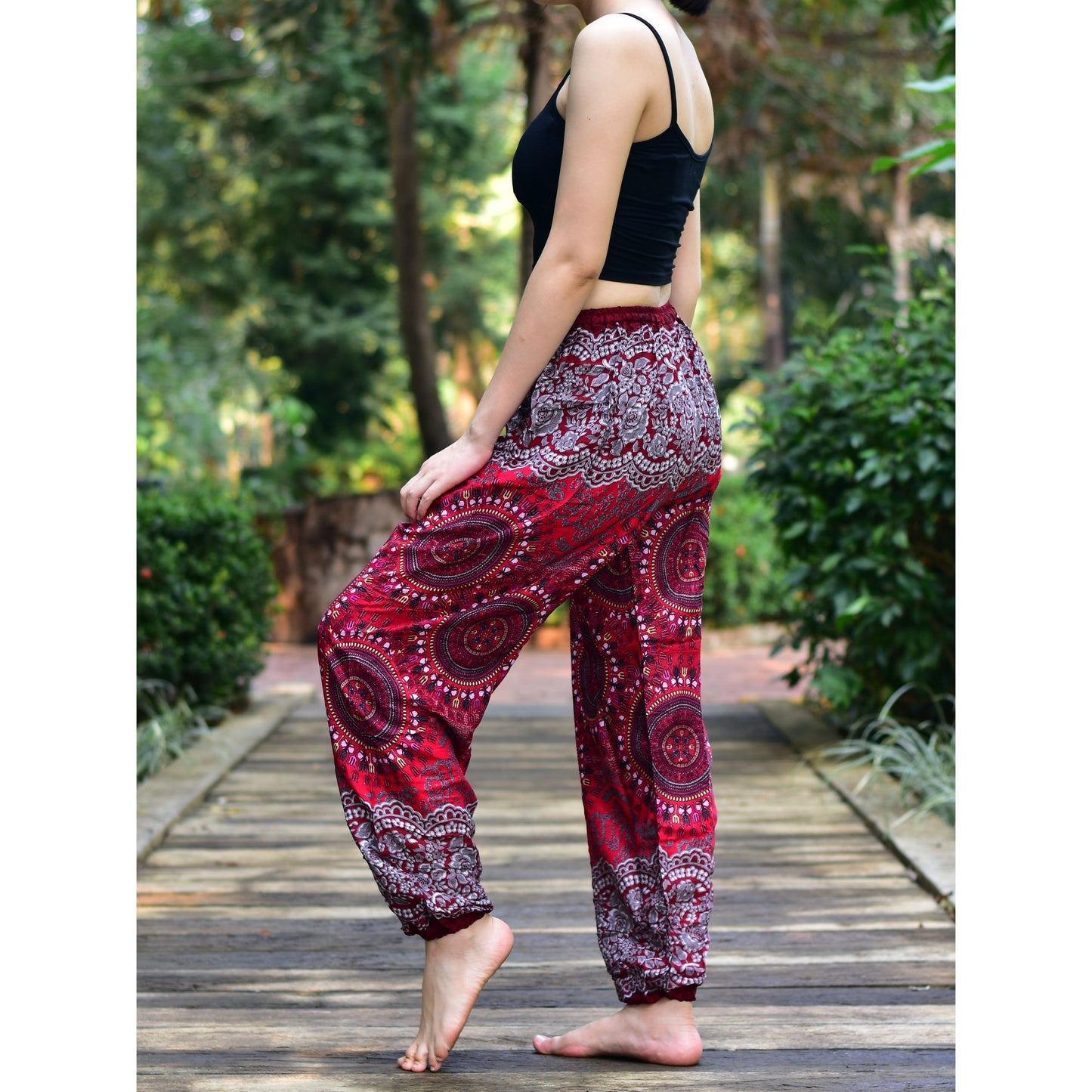 Bohotusk Red Sun Beam Print Womens Harem Pants Tie Waist S/M to 3xl