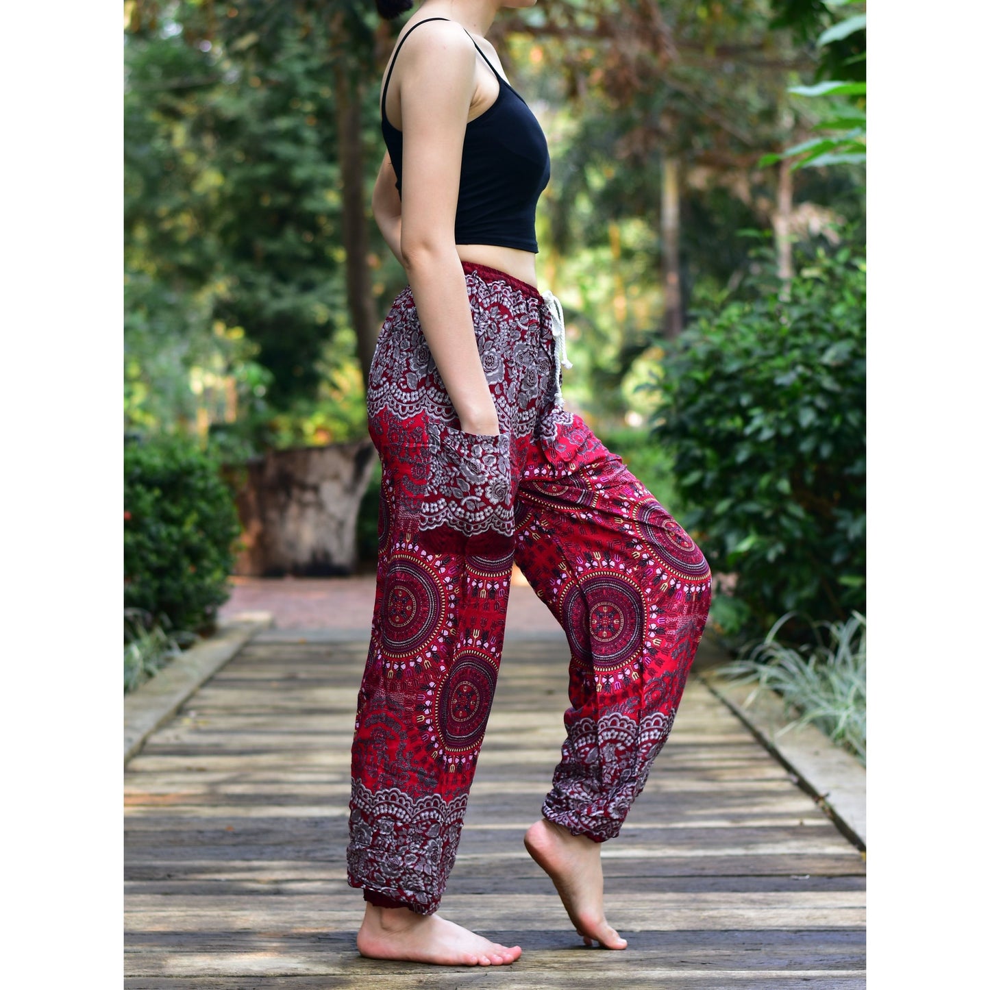 Bohotusk Red Sun Beam Print Womens Harem Pants Tie Waist S/M to 3xl