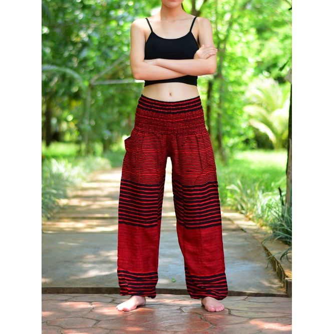 Bohotusk Red Patch Stripe Elasticated Smocked Waist Womens Harem Pants