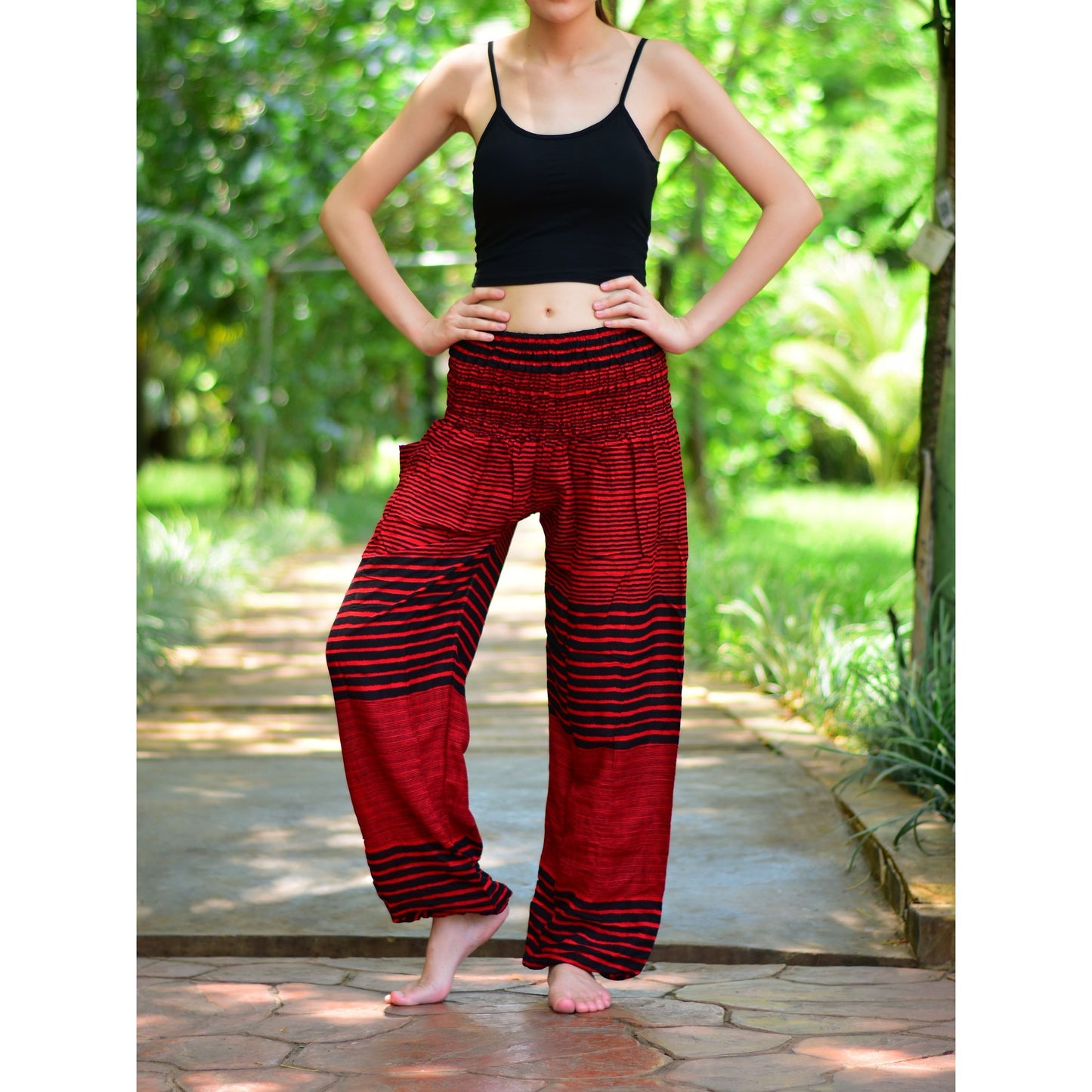 Bohotusk Red Patch Stripe Elasticated Smocked Waist Womens Harem Pants