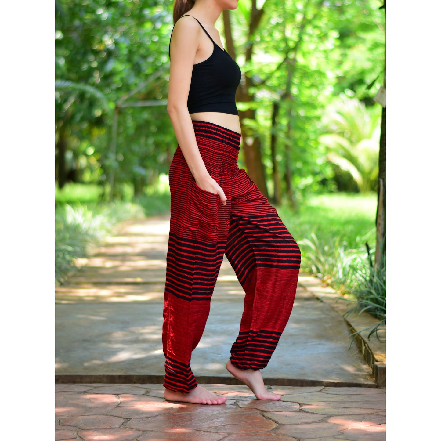 Bohotusk Red Patch Stripe Elasticated Smocked Waist Womens Harem Pants