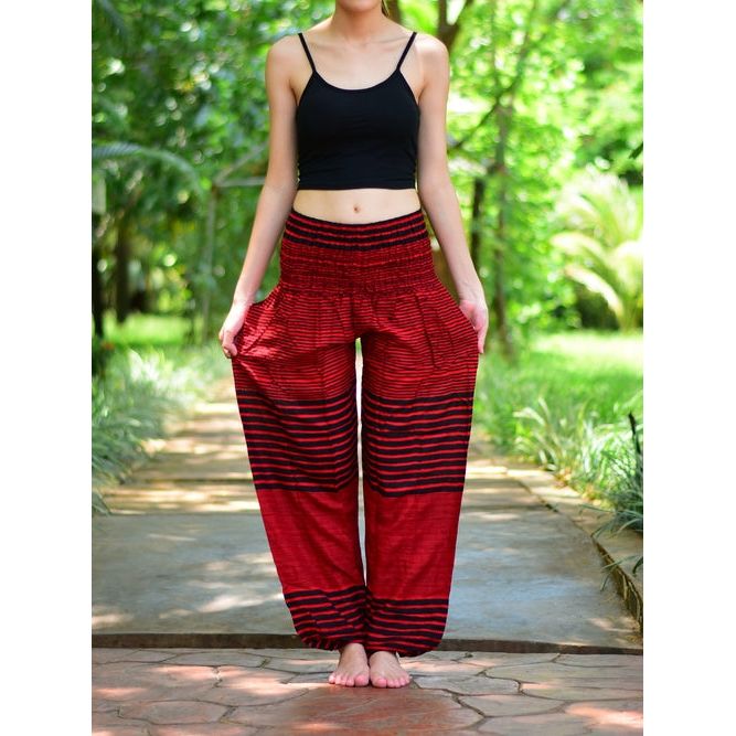 Bohotusk Red Patch Stripe Elasticated Smocked Waist Womens Harem Pants