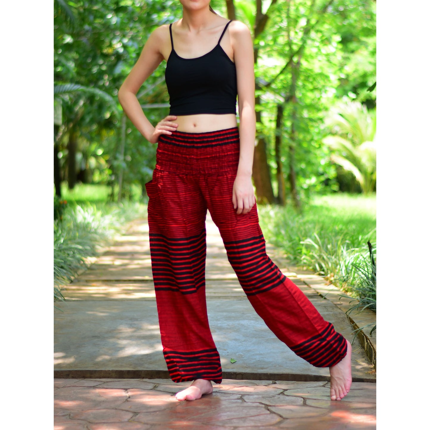 Bohotusk Red Patch Stripe Elasticated Smocked Waist Womens Harem Pants