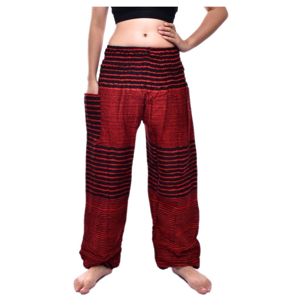 Bohotusk Red Patch Stripe Elasticated Smocked Waist Womens Harem Pants