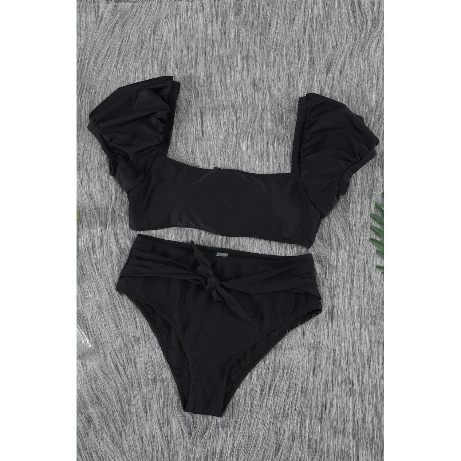 Black Bubble Sleeves Square Neck High Waist Bikini - Sportkyu