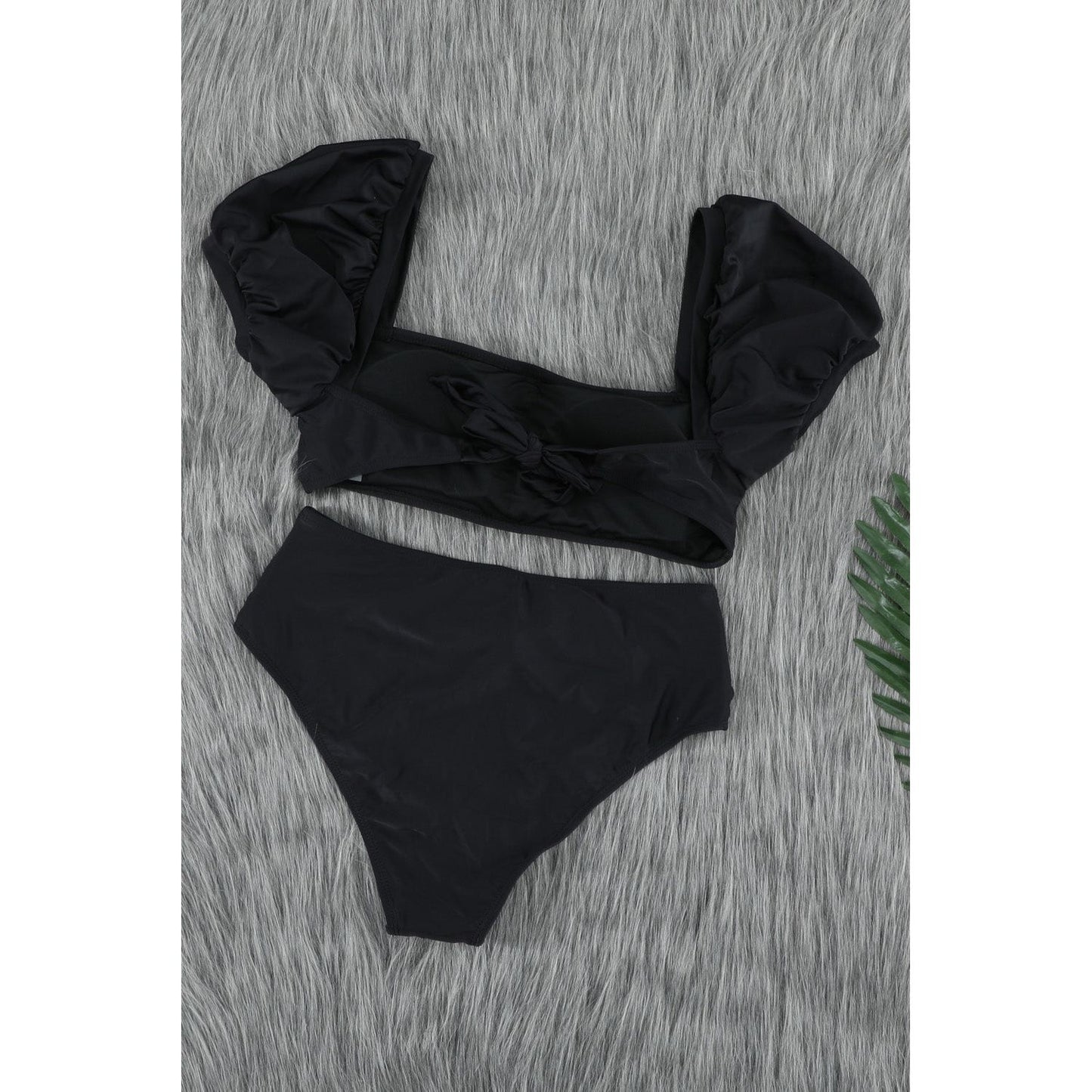 Black Bubble Sleeves Square Neck High Waist Bikini - Sportkyu