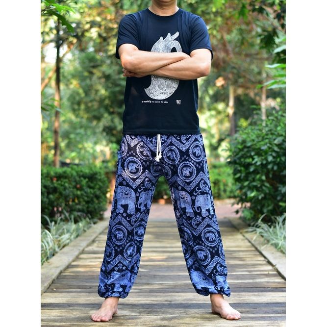 Bohotusk Mens Blue Elephant Tusker Harem Pants Cord Tie Waist M/L to